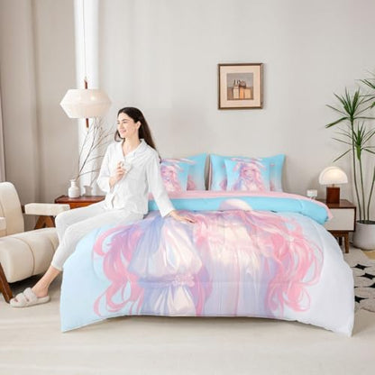 Erosebridal 3D Anime Girl Bedding Set,Japanese Girl Bed in A Bag Cartoon Anime Full Comforter Set 7 Piece for Kids Teen Women Room Decor,Pink Kawaii Rabbit Doll Blue Bed Set