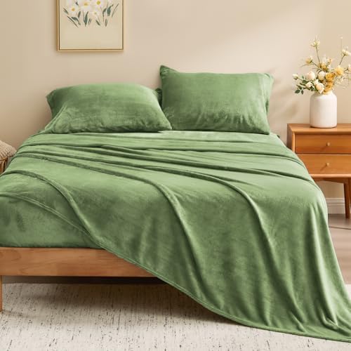 BEDELITE Flannel Sheets Full Size, Green, 4 Pieces