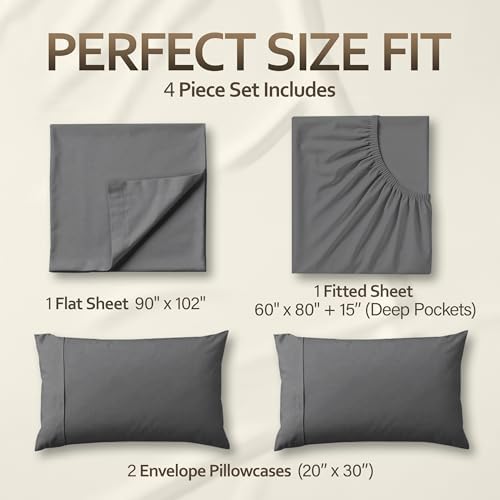 Queen Sheets Set, 4 Pcs 16" Deep Pocket Hotel Luxury Bed Sheets, Dark Grey