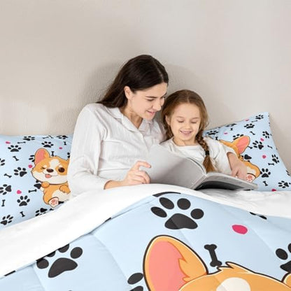 Castle Fairy Cute Corgi Bedding Set Queen Size,Cartoon Dog Footprint Bones Comforter 3pcs for Kids Boys Girls Room Decor,Smiling Doggy Quilt Family Paw Duvet Insert with 2 Pillowcases,Blue