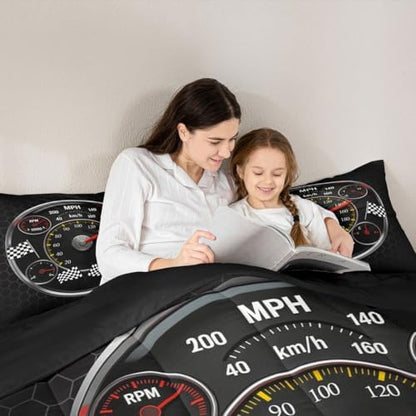 Feelyou Speed Sports Car Bedding Set Soft for Boys Girls, Steering Wheel Comforter Set Full Size Racing Duvet Quilt Microfiber Extreme Sports Bedroom Decor Automobile 3 Pcs with 2 Pillow Cases