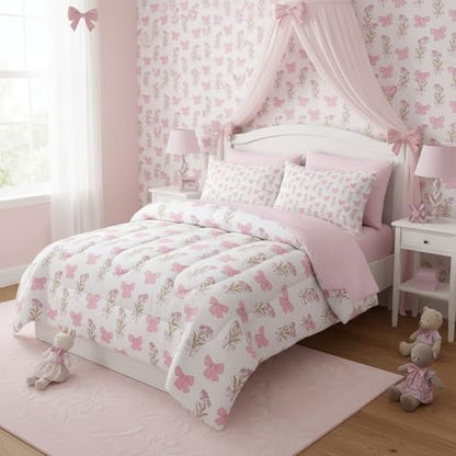 QOOMO Bow 7 Pieces Comforter Set Twin Size,Floral Bowknot Bedding Set