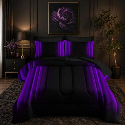 Nttopship Purple and Black Bedding Set Full Size Abstract Ombre Comforter Set Bedding Set 7 Piece in A Bag,Dark Quilt Set Mordern Art Decor All Seasons with Pillowcases,Flat, Fitted Sheet
