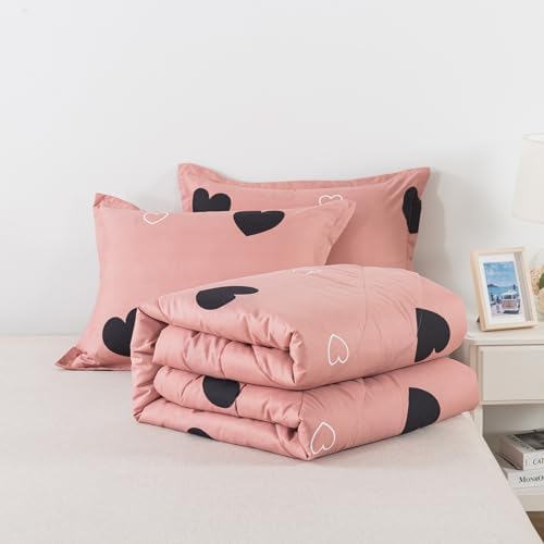 Caressma Pink Comforter Set Queen Size Black Heart 3pcs with Pillowcase
