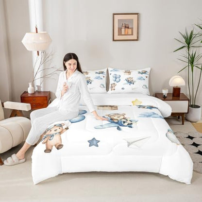 Erosebridal Cartoon Aircraft King Size Bedding Set, Cute Bear Airplane Propeller Plane Comforter Set for Kids Boys Girls Adults Bedroom, Lovely Bird Animals Comforter, Balloon Star Cloud Quilt