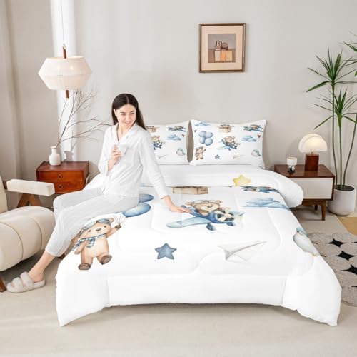 Erosebridal Cartoon Aircraft Queen Bedding Set, Cute Bear Airplane Propeller Plane Comforter Set for Kids Boys Girls Adults Bedroom, Lovely Bird Animals Comforter, Balloon Star Cloud Quilt