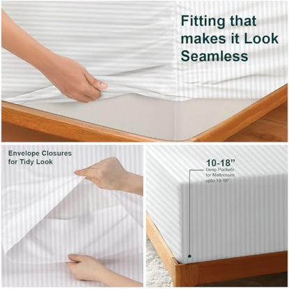 NON Sticky cotton California King 4 Piece Sheet Set, 100% Long Staple Cotton, Soft Cooling Hotel Luxury Bedding Sheets, Deep Pocket Fits 10" to 18" Mattress, 72" x 84", White Stripe