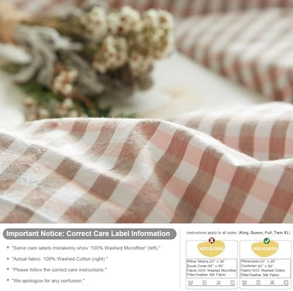 mixinni Pink Gingham Comforter Set Queen, Plaid Comforter Set 3 Pieces 1 Pink Grid Comfoter with 2 Pillow Cases for All Seasons, Soft Fluffy Modern Grid Pattern Printed Bedding-Queen Size