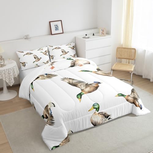 Feelyou Mallard Duck Bedding Set Hunting and Fishing Comforter Set Wild Animal Comforter for Boys Girls Kids Wildlife White Duvet Set Full Size with 2 Pillow Case