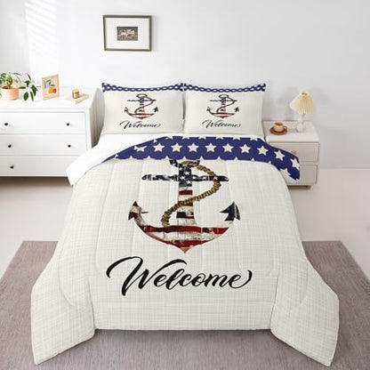 Castle Fairy American Flag Anchor Comforter Set Twin Size,Geometric Star Stripe Bedding 2pcs for Kids Teens Boys Room Decor,Nautical Adventure Quilt Vintage White Duvet Insert,1 Pillowcase Anchor 6