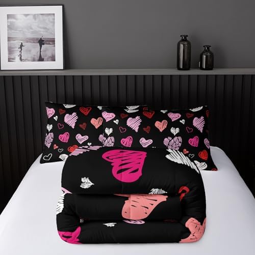 Nttopship Love Comforter Sets King Size，Love Valentines Day Romantic Soft Bedding Set Pink Watercolor Kawaii Bedding Cartoon Heart Bedroom Decor Comforter with 2 Pillowcases