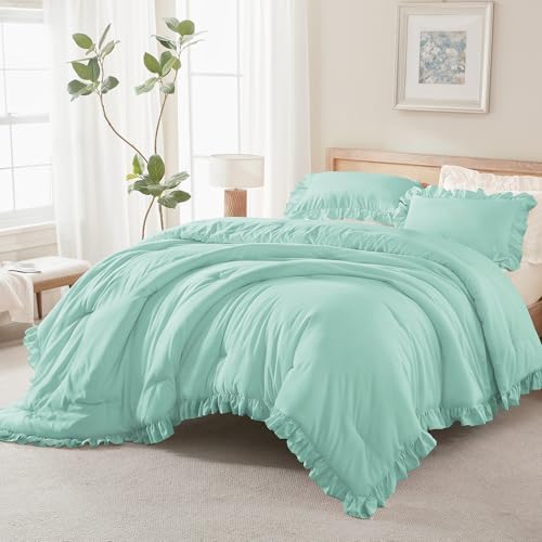 Andency Mint King Size Comforter Set, 3 Pieces Solid Farmhouse Bedding