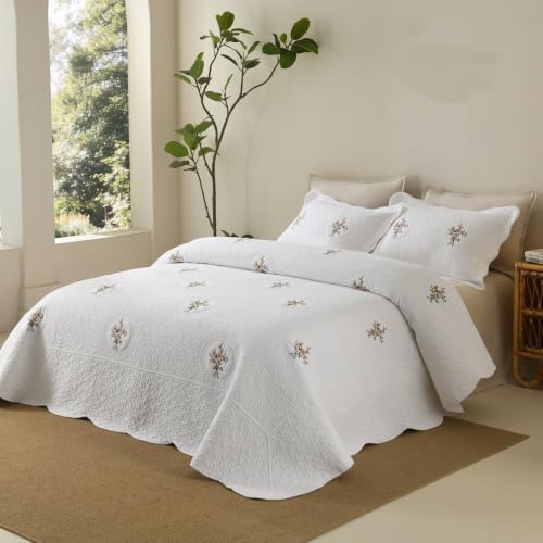 MarCielo 3pcs Cotton Quilt Set White Rose Bouquet Embroidered Bedspread