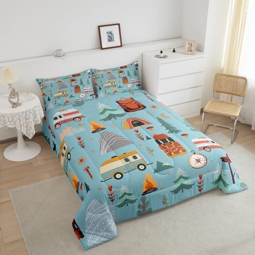 Feelyou Happy Camping Comforter Set for Kids Boys Girls Full Size Outdoor Themed Bedding Set Soft Travel Bag Tent Print Duvet Quilt Travel Trailers Comforter Camping Gifts Duvet Quilt