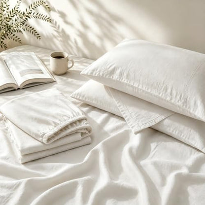MEISHANG 100% French Linen Sheets Queen,4 Pcs,16" Deep Pocket