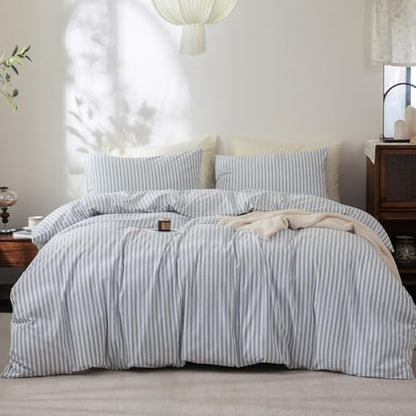 FOSSA Striped Duvet Cover Set 100% Washed Cotton Linen Feel Oversized King