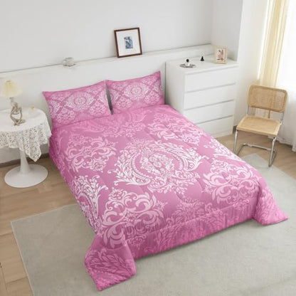 Feelyou Pink Gothic Damask Floral Comforter Set Full Size Bedding Set