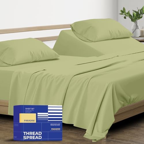 THREAD SPREAD Split King Sheet Set, Luxury 1000 Series Paradise Collection 100% Egyptian Cotton Split King Sheets Sets for Adjustable Bed (5 PC, Sage Green), Soft, 16" Deep Pocket Hotel Sheets