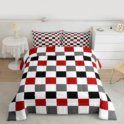 Checkered Geometric Comforter Set Twin Size Red Grey Black Plaid Bedding Set for Kids Boys Girls Checkerboard Modern Aesthetic Duvet Quilt Reversible Grey Bedroom Decor 2 Pcs with 1 Pillow Cases