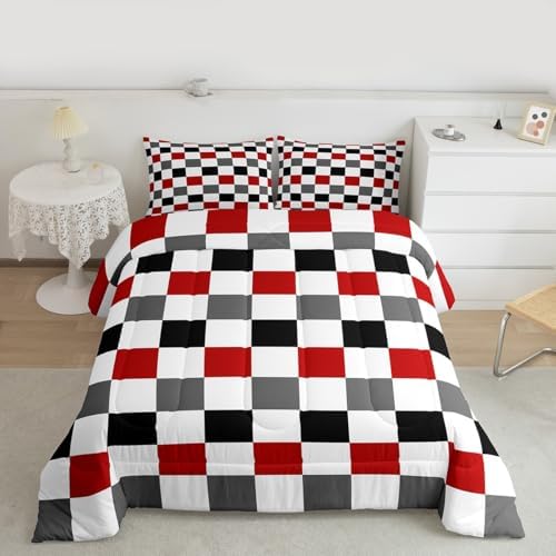 Checkered Geometric Comforter Set King Size Red Grey Black Plaid Bedding Set for Kids Boys Girls Checkerboard Modern Aesthetic Duvet Quilt Reversible Grey Bedroom Decor 3 Pcs with 2 Pillow Cases