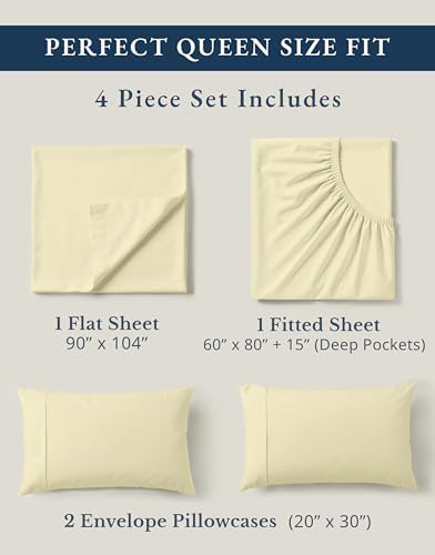LANE LINEN Queen Bed Sheets 100% Organic Cotton 4pc Percale Soft - Vanilla