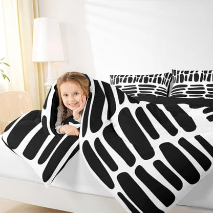 jejeloiu Modern Geometric Bedding Set Soft for Boys Girls, Black White Abstract Comforter Set Full Size Boho Duvet Quilt Microfiber Luxury Bedroom Decor 3 Pcs with 2 Pillow Cases