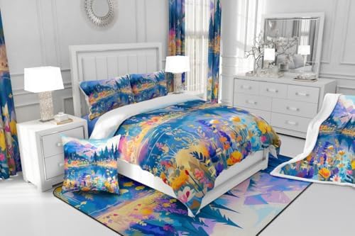Blossom Flower Comforter Set King Size,Spring Nature Scenery Duvet Insert for Kids Girls Women Room Decor,Lake Mountain Pine Tree Bedding Set 3Pcs,Colorful Floral Garden Quilt Set,2 Pillowcases