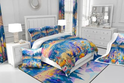 Blossom Flower Comforter Set King Size,Spring Nature Scenery Duvet Insert for Kids Girls Women Room Decor,Lake Mountain Pine Tree Bedding Set 3Pcs,Colorful Floral Garden Quilt Set,2 Pillowcases