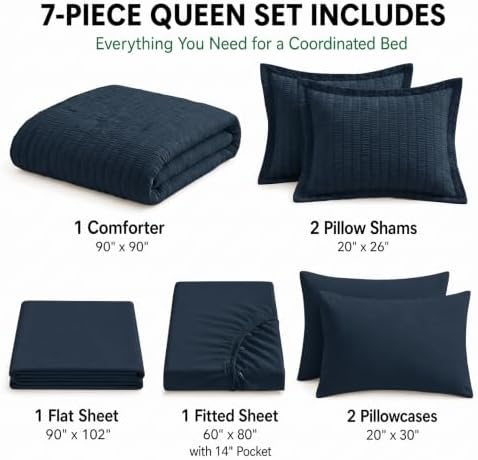 HIMEET Queen Comforter Set, 7-Piece Seersucker Bed in a Bag, Navy Blue