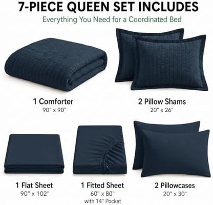 HIMEET Queen Comforter Set, 7-Piece Seersucker Bed in a Bag, Navy Blue
