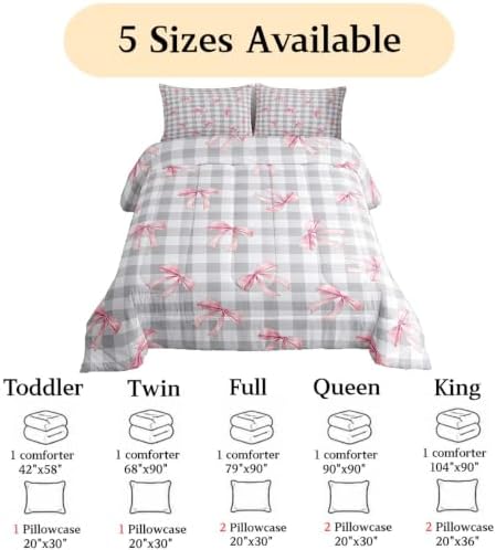 jejeloiu Checkerboard Bowknot Comforter Set Pink Bow Bedding Set Kids Twin