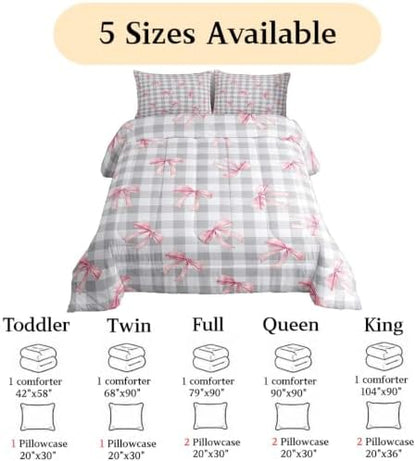 jejeloiu Checkerboard Bowknot Comforter Set All Season Pink Bow Bedding Set with 1 Pillow Cases Plaid Microfiber Kids Toddler Bedclothes Gray Bedroom Decor Duvet Quilt Breathable Soft Lightweight