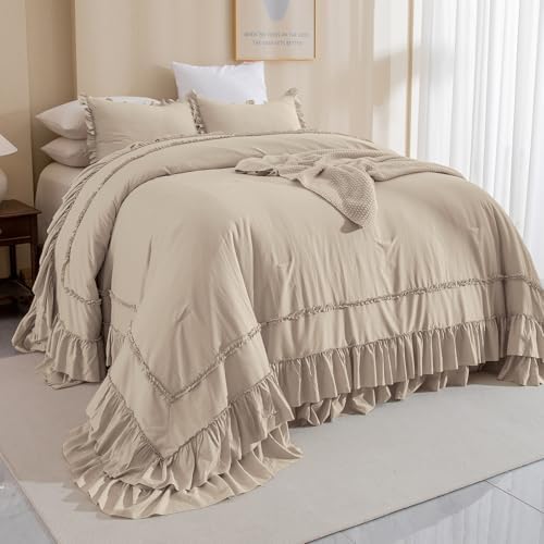 Masaca Oversized Comforter King Size 120x120,Farmhouse Shabby Boho Chic Ruffle California King Bed Comforter Set French Country Rustic Bedding 3PCS (1 Ruffled Comforter+2 Pillow Shams)
