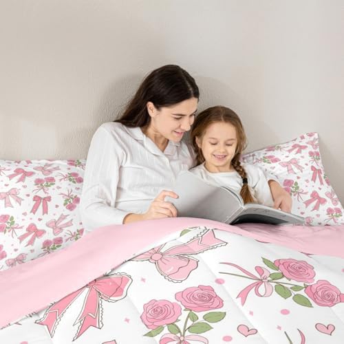 Castle Fairy Pink Bow Comforter Set with 2 Pillowcases,Romantic Pink Roses Super Soft Microfiber Bedding Set for Adults Teens,Dreamy Girly Style Duvet Set for Room Decor,King