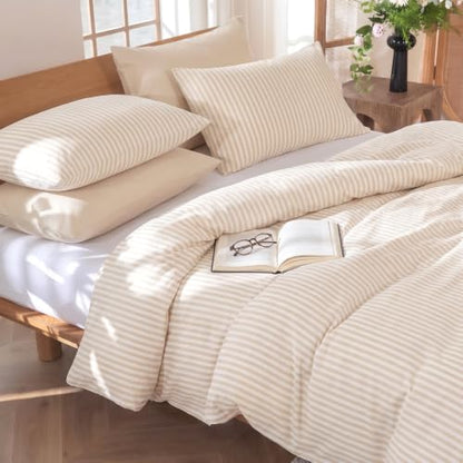 Bedbay 100% Cotton Striped Duvet Cover Set King Size, Beige Stripe Bedding, 300TC Cotton Sateen Duvet Cover, Soft Smooth Breathable Farmhouse Sateen Set, 3 Pieces