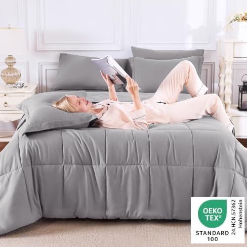 CozyLux Queen Comforter Set, 7-Piece Bed in a Bag, Grey
