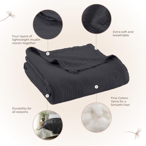 100% Cotton Organic Muslin Throw Blanket for Adults GOTS & Fairtrade Certified Organic Cotton - Couch Living Room and Bedroom Decor - 4 Layer Super Soft and Cozy (Graphite, Queen)