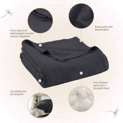 100% Cotton Organic Muslin Throw Blanket for Adults GOTS & Fairtrade Certified Organic Cotton - Couch Living Room and Bedroom Decor - 4 Layer Super Soft and Cozy (Graphite, Queen)