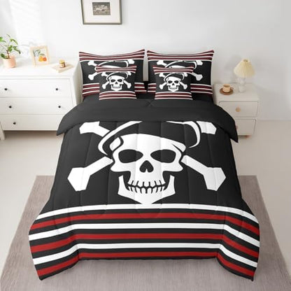 Erosebridal 7Pcs Pirate Comforter Set Queen Size,Nautical Skull Bedding Set for Kids Boys Teens Youth,Red Black White Stripes Bed in A Bag,Ocean Adventure Theme Sheet Set with Comforter