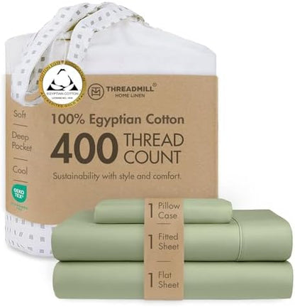 Threadmill 400TC Egyptian Cotton Twin Sheet Set, Sateen, Sage Green