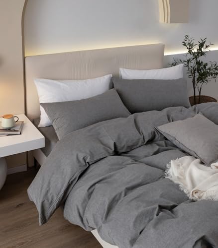 JIYUAN California King Washed Cotton Duvet Cover Set, Relaxed Linen Feel