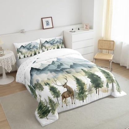Feelyou Deer Moose Print Comforter Set Full Girls Teens Adult, Kids Boys Watercolor Hunting Deer Bedding Set, 3D Woodland Wild Animal Comforter Soft Quilt Set,Blue with 1 Pillowcase 2Pcs Bedding