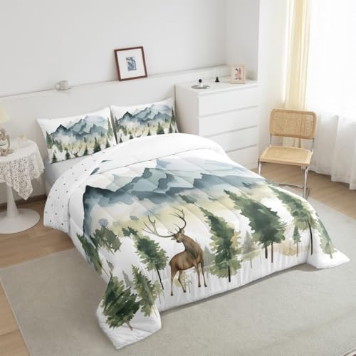Feelyou Deer Moose Print Comforter Set King Girls Teens Adult, Kids Boys Watercolor Hunting Deer Bedding Set, 3D Woodland Wild Animal Comforter Soft Quilt Set,Blue with 1 Pillowcase 2Pcs Bedding