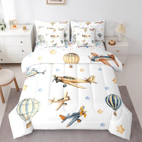 Erosebridal Cute Propeller Plane King Size Comforter Set with Sheets, Cartoon Airplane Aircraft 7 Pcs Bedding Set for Kids Boys Teens Girls Adults, Hot Air Balloon Bed in A Bag, Star Print Bed Sets