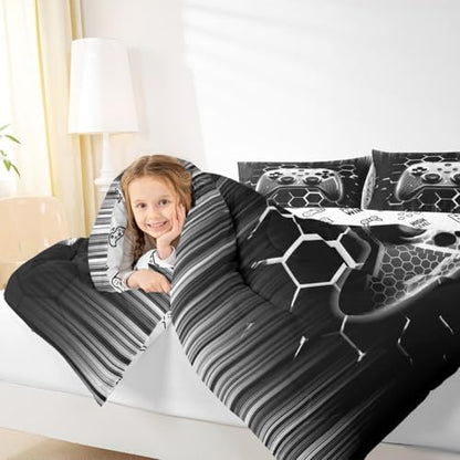 Manfei Videogames Reversible Comforter Set Twin Size, Geometric Honeycomb Gameapd Down Comforter with 1 Pillowcase, Modern Gamer Bedding Set 2pcs for Kids Boys Room Decor Gaming Duvet Insert