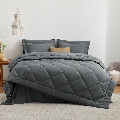 Love's cabin King Size Comforter Set Dark Grey, 7 Pieces King Bed in a Bag, All Season Bedding Sets with 1 Comforter, 1 Flat Sheet, 1 Fitted Sheet, 2 Pillowcase and 2 Pillow Sham