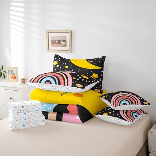 Erosebridal Rainbow Twin Comforter Set 7 Piece Cartoon Star Moon Bed in A Bag with Sheets for Kids Girls Boys Cute Rainbow Black Bedding Set Love Hearts Polk Dots Bed Set Kawaii Room Decor