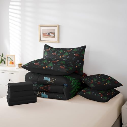 Erosebridal Hunting Bear 7 Piece Comforter Set King Bed in a Bag,Happy Camping Bedding Set for Kids,Camper Theme Down Comforter,Pine Tree Woodland Sheet Set,Wild Animals Quilt Bedroom Decor,Black