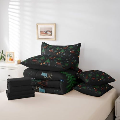 Erosebridal Hunting Bear 7 Piece Comforter Set King Bed in a Bag,Happy Camping Bedding Set for Kids,Camper Theme Down Comforter,Pine Tree Woodland Sheet Set,Wild Animals Quilt Bedroom Decor,Black