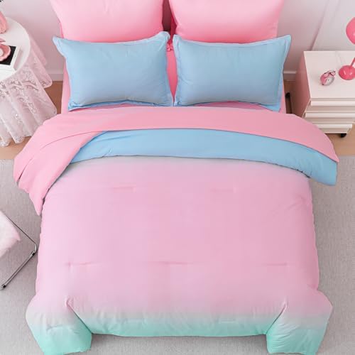 Dinjoy Girls Comforter Set 7 Pieces, Queen Size Colorful Ombre Rainbow Bedding Set, Bed in A Bag for Kid Teen Girls (1 Comforter, 1 Flat Sheet, 1 Fitted Sheet, 2 Pillow Shams, 2 Pillowcases)